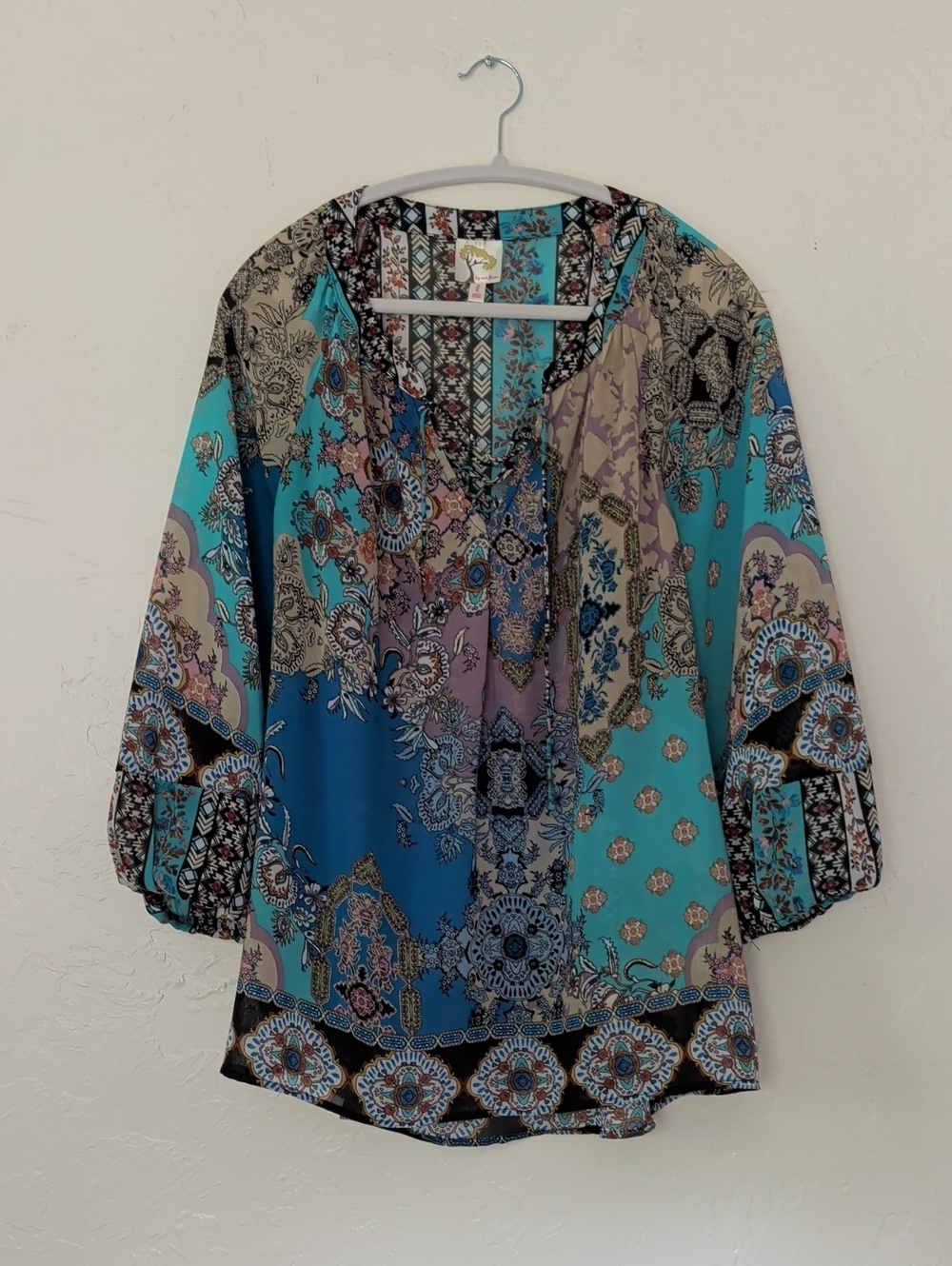 fig and flower Teal & Blue Paisley Boho Split-Neck Blouse